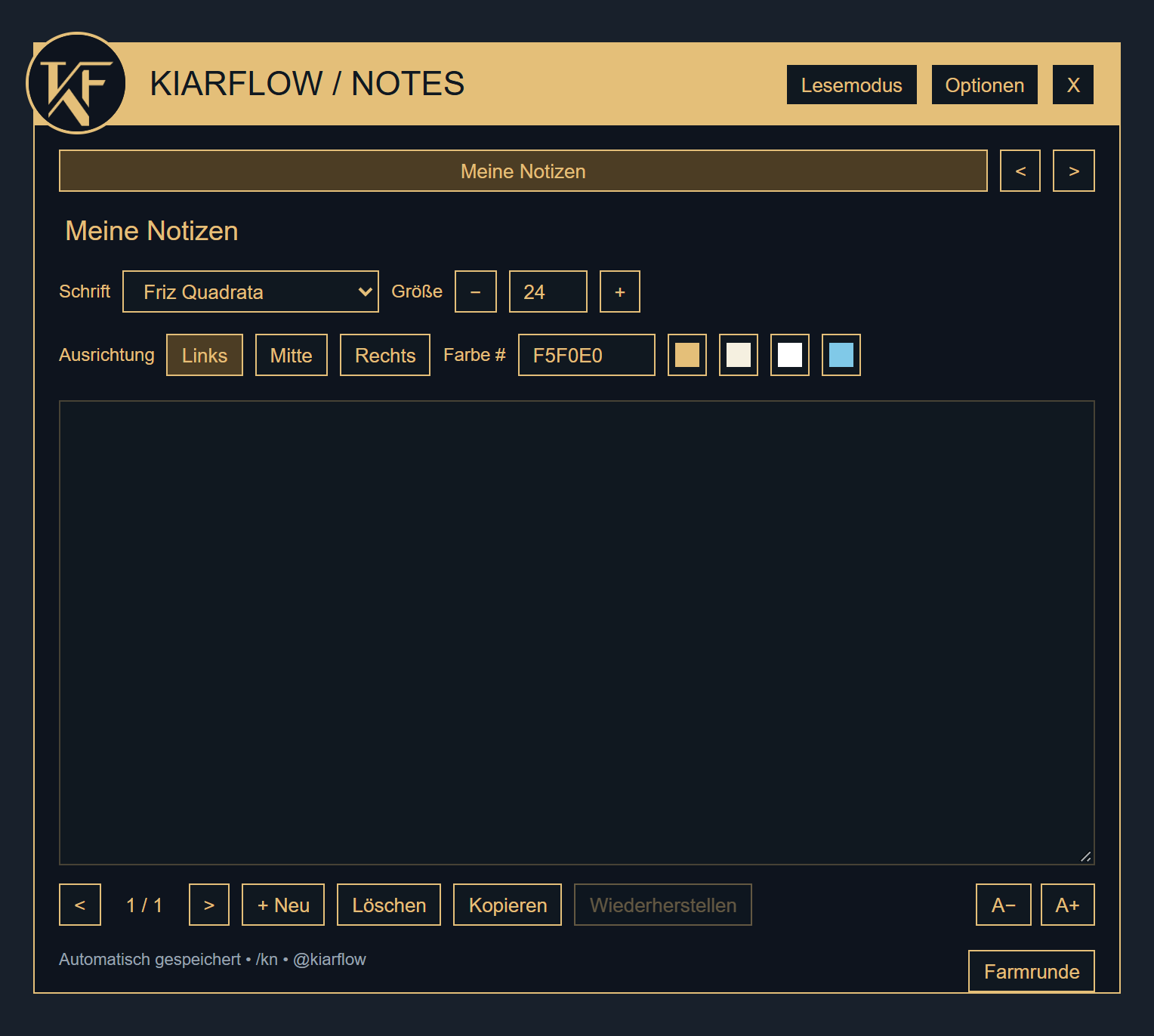 Die vorhandene UI-Vorschau von Kiarflow Notes mit Notizen und Farmrunde